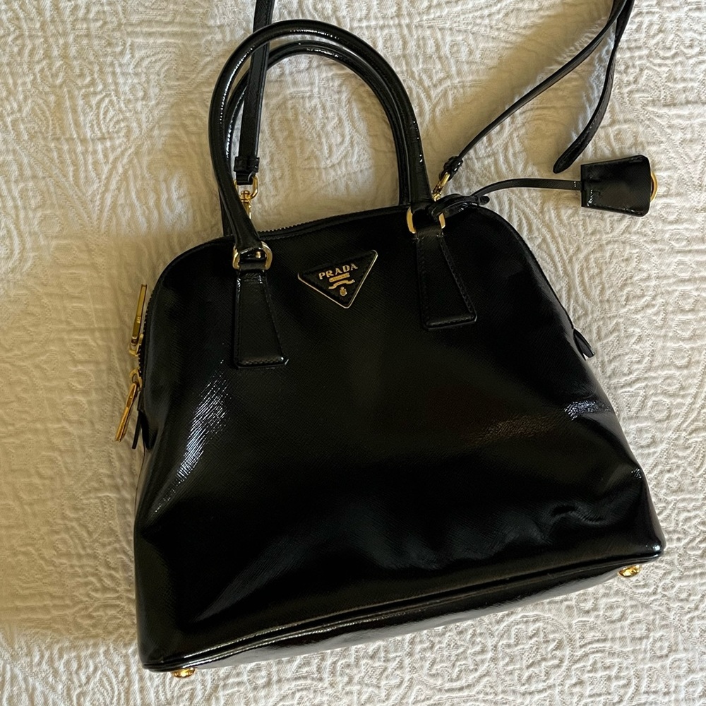 Authentic Prada Saffiano Vernice black satchel bag, detachable strap included